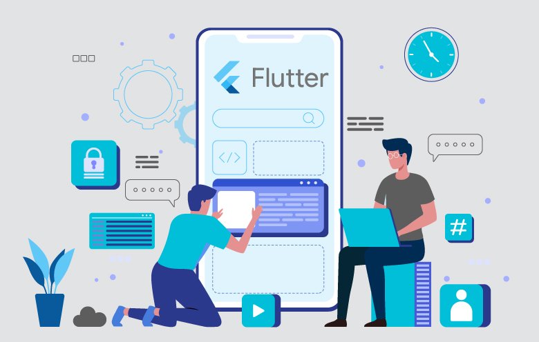 Mobile app development concept with Flutter framework, featuring a phone, coding icons, and developers, illustrating the collaborative and innovative environment at EDEMS.