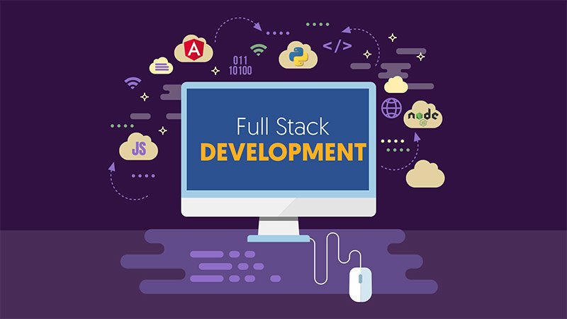 Illustrative graphic of Full Stack Development, highlighting a computer screen with key web technologies and programming languages, emphasizing the comprehensive skill set taught at EDEMS.